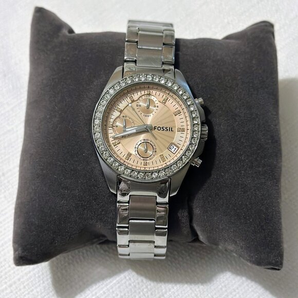 Fossil Decker Stainless Steel Women's Watch Silver Light Pink Crystal Bezel - Picture 1 of 1
